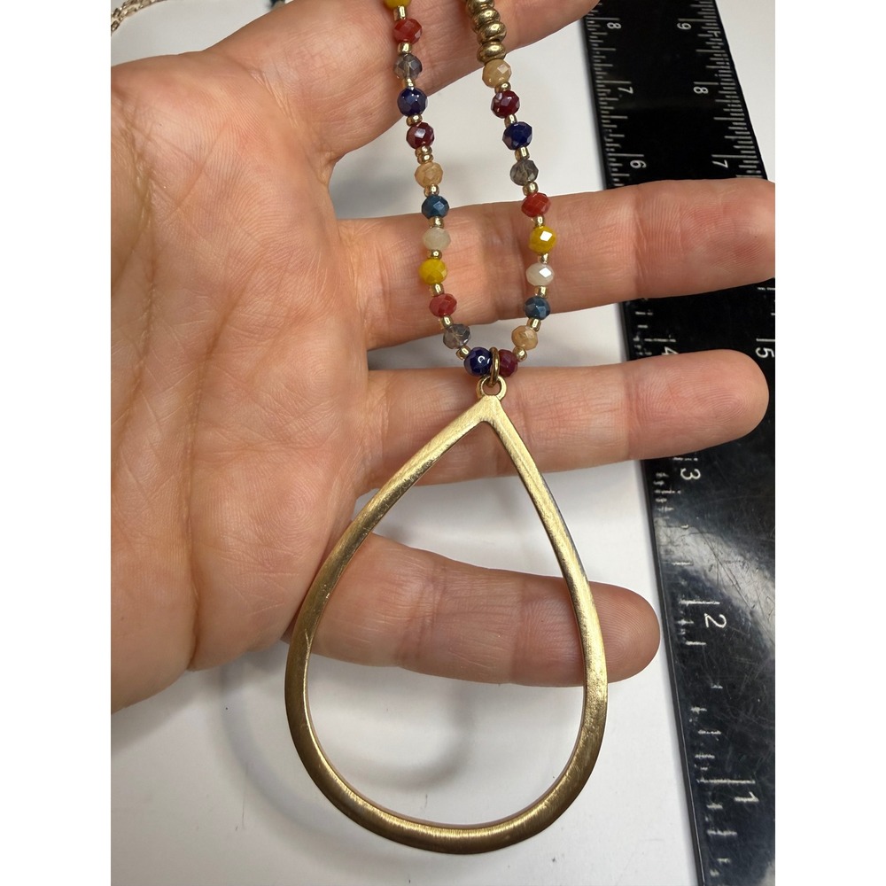 Gold Tone Open Teardrop Pendant Necklace Multi Color Beaded Long Chain Boho